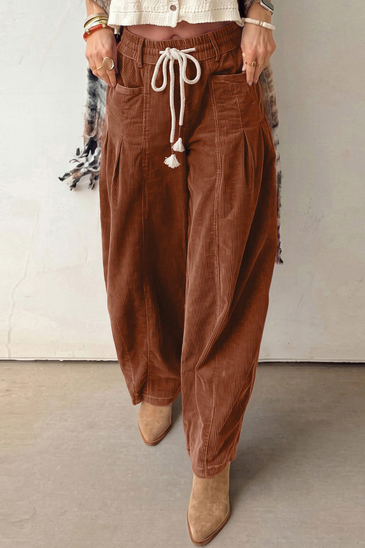Chestnut Elastic Waist with Drawstring Corduroy Casual Pants
