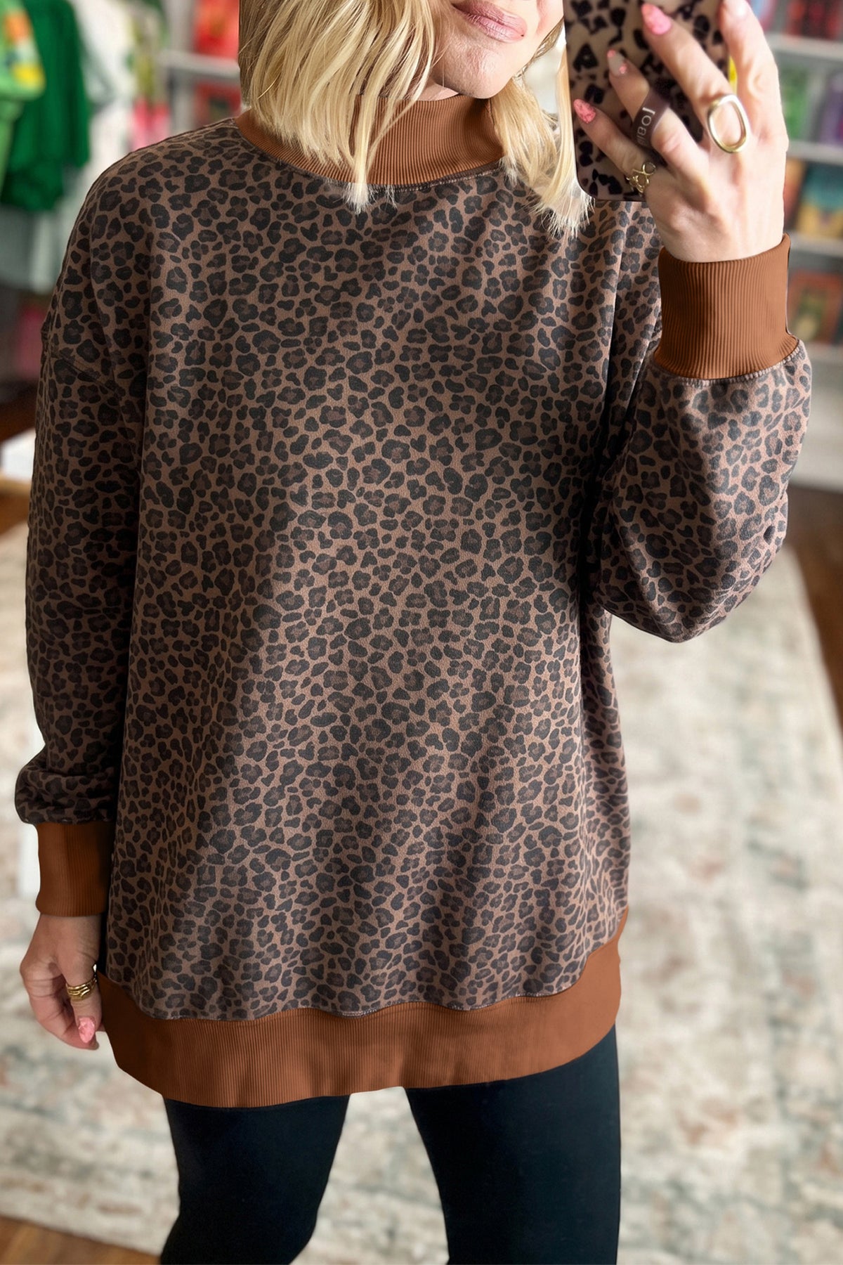 Leopard Print High-Neck Sweatshirt