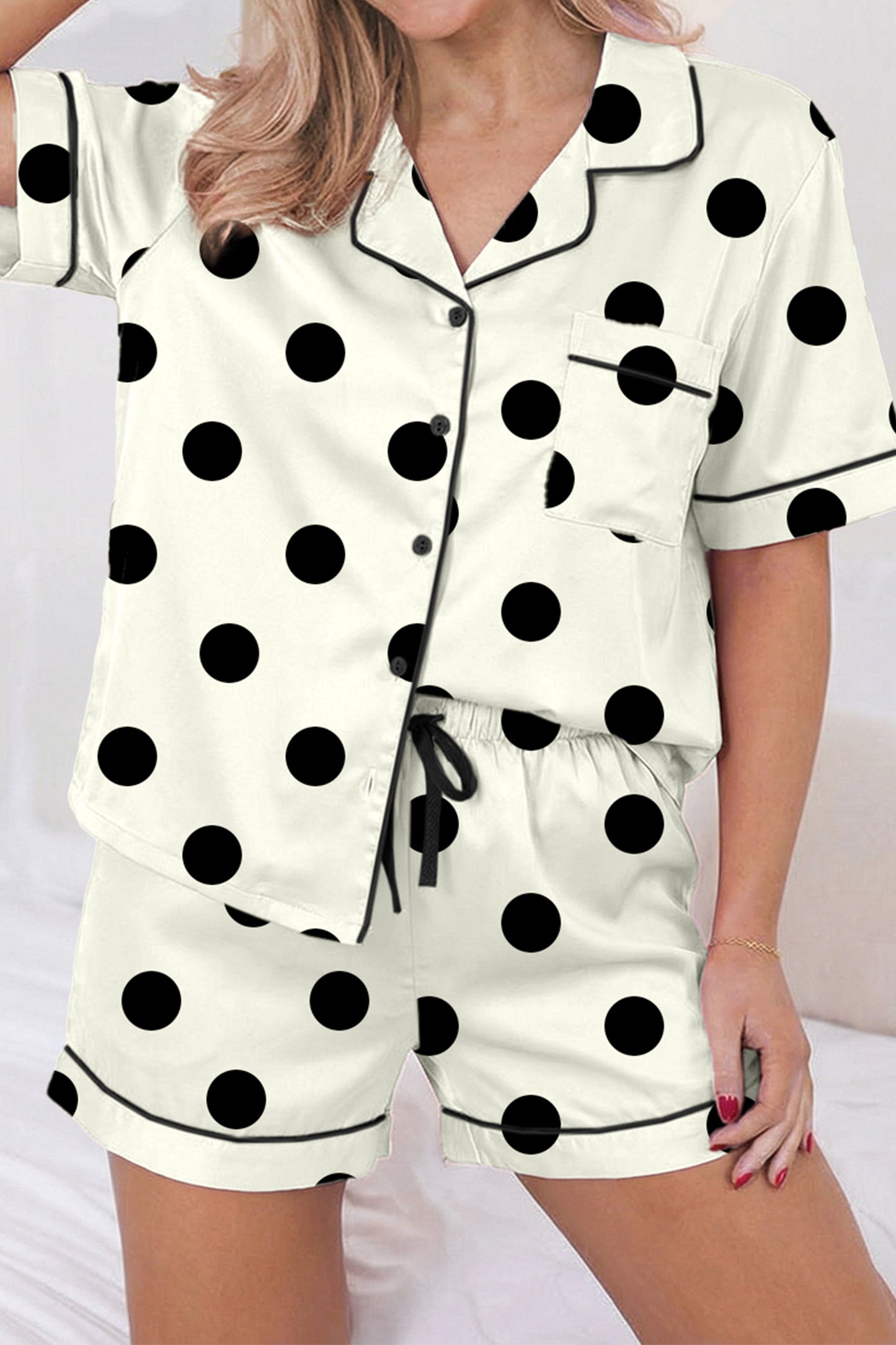 Beige Camouflage Print Lapel Shirt Drawstring 2pcs Short Pajama Set