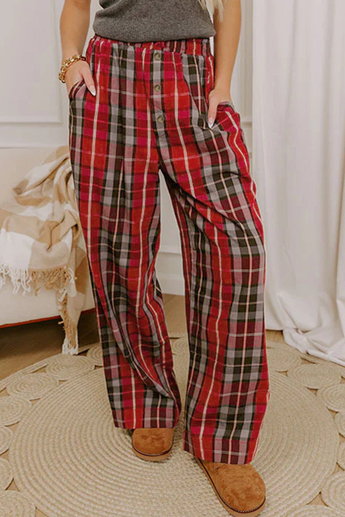 Red Plaid Elastic Waist Pocket Regular Full-Length Pants