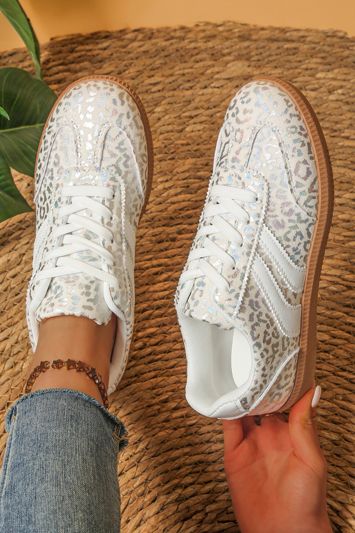 Shimmer Leopard Print Lace-Up Sneakers