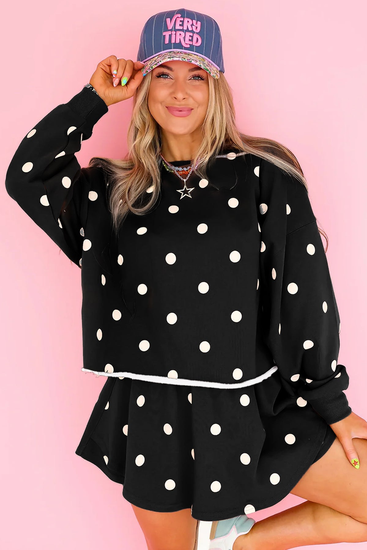 Red Polka Dot Raw Hem Relaxed Pullover Loose Skort Two Piece Set