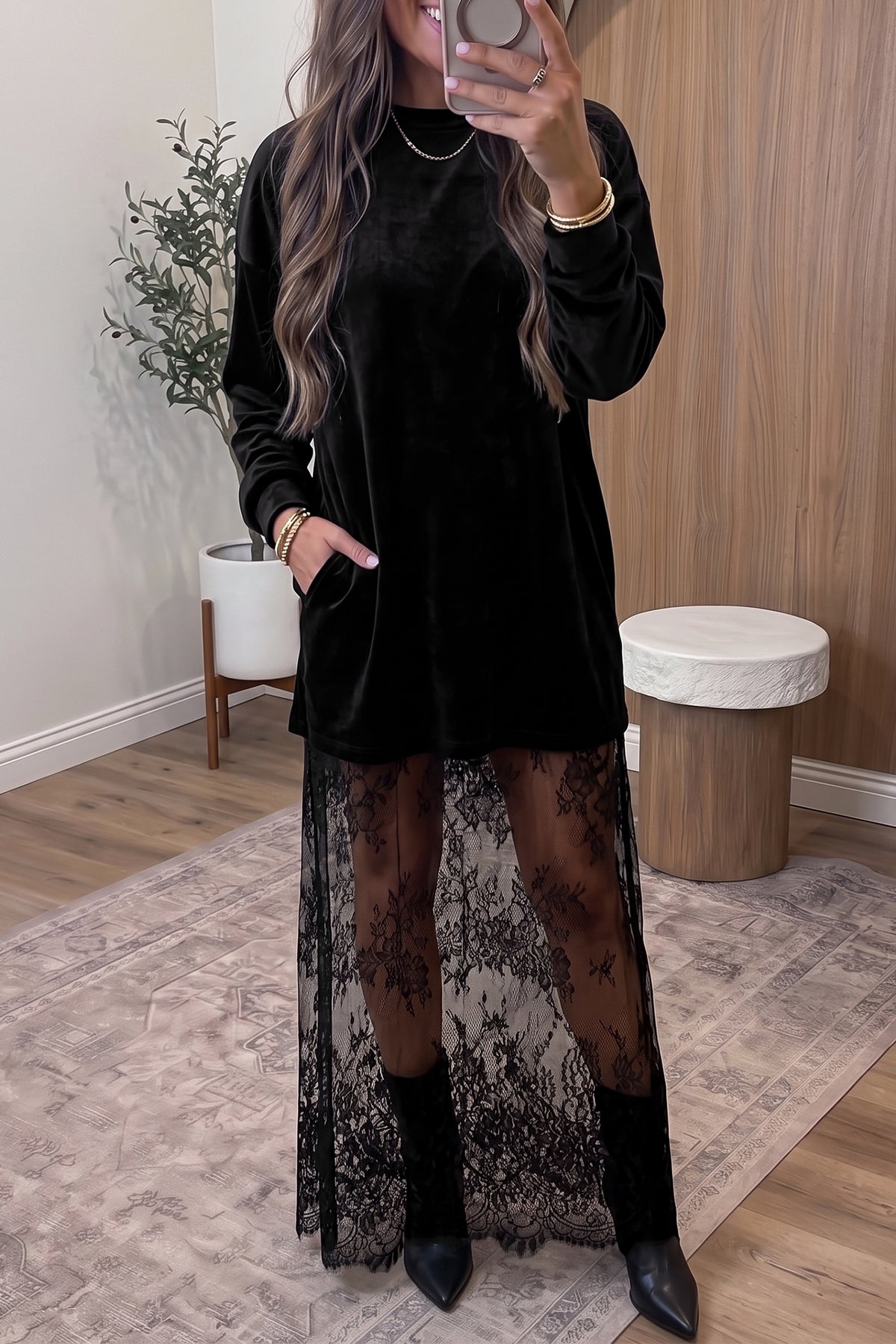 Velvet Maxi Dress with Lace Hem