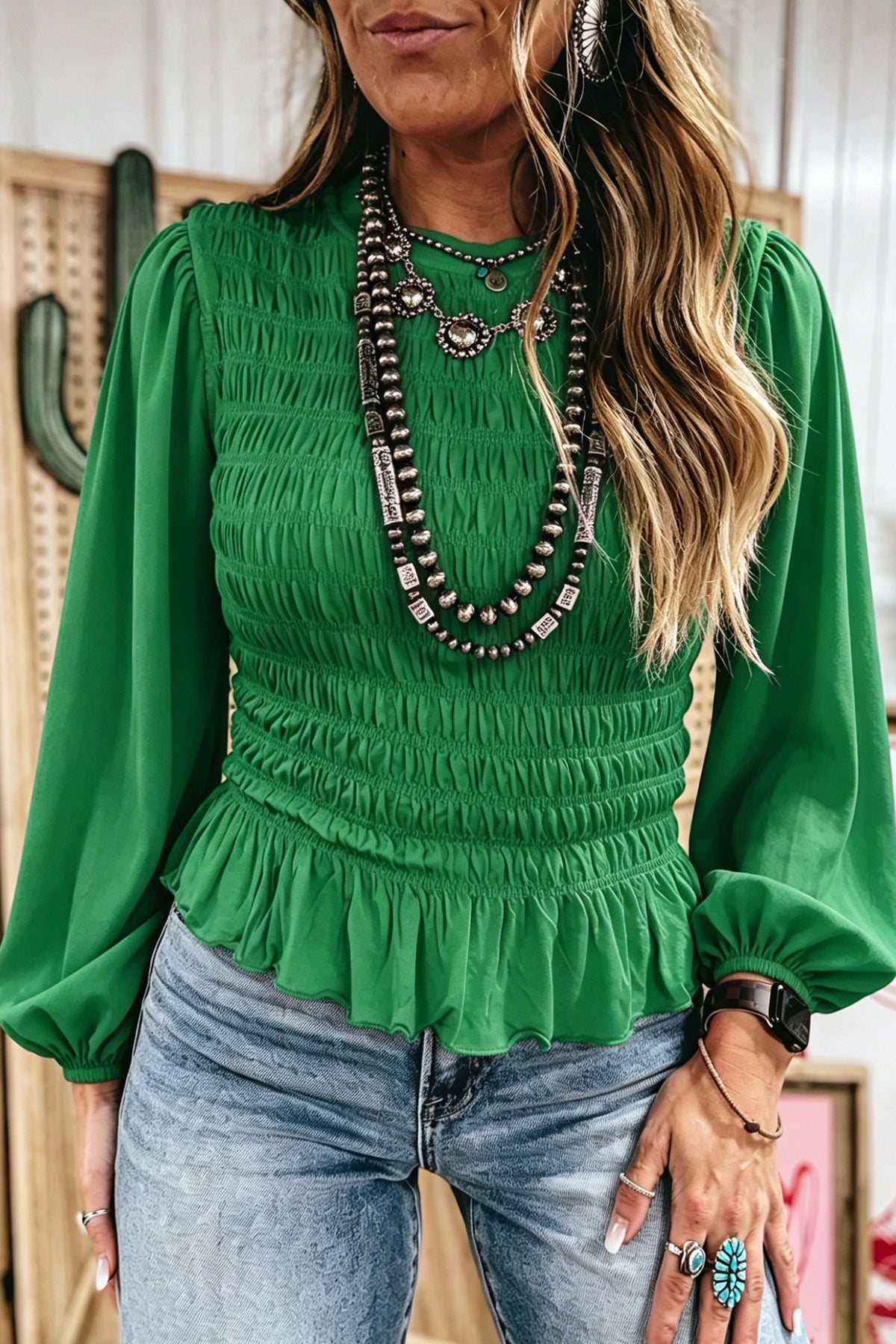 Jet Stream Solid Color Smocked Ruffle Hem Long Sleeve Blouse