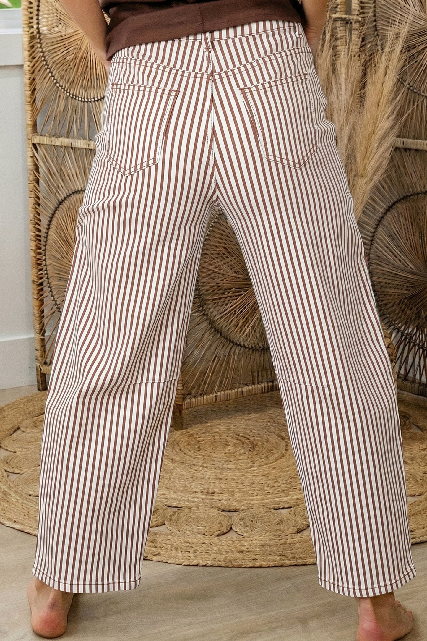 Khaki Stripe Casual Barrel Jeans