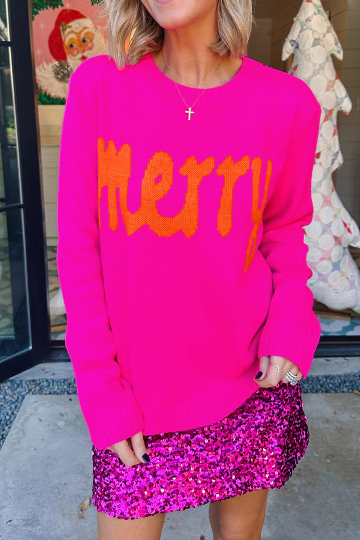 Merry Print Ribbed-Trim Sweater