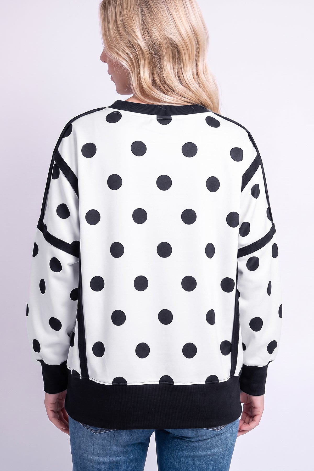 Blue Polka Dot Contrast Patchwork Round Neck Baggy Sweatshirt