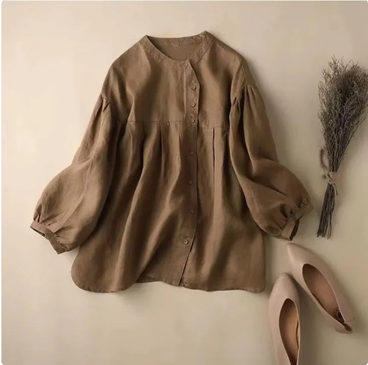 Organic Cotton Linen Shirt in khaki with long sleeves and stand collar, loose fit for casual wear.