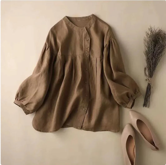 Organic Cotton Linen Shirt in khaki with long sleeves and stand collar, loose fit for casual wear.