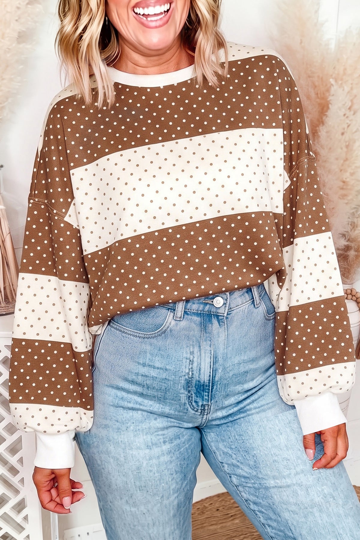 Blue Polka Dot Color Block Plus Size Long Sleeve Top