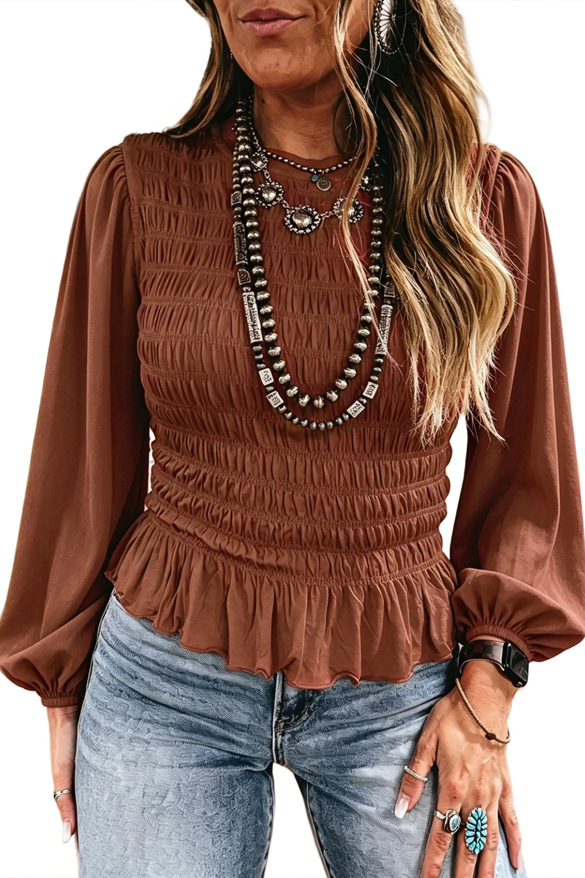 Jet Stream Solid Color Smocked Ruffle Hem Long Sleeve Blouse