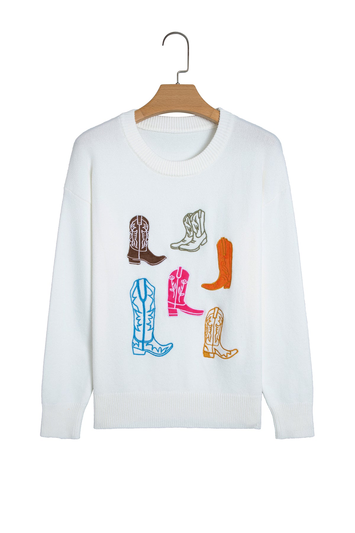 White Embroidered Cowboy Boots Sweater