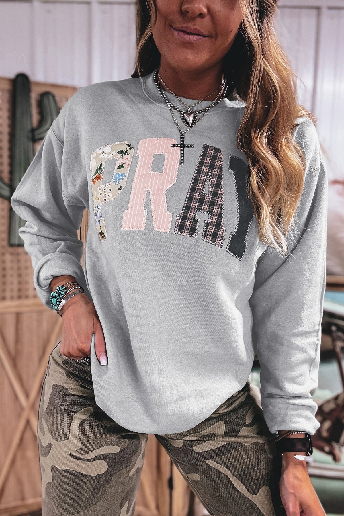 Parchment Floral Buffalo Plaid Striped Embroidered Patch Western Pullover Sweatshirt