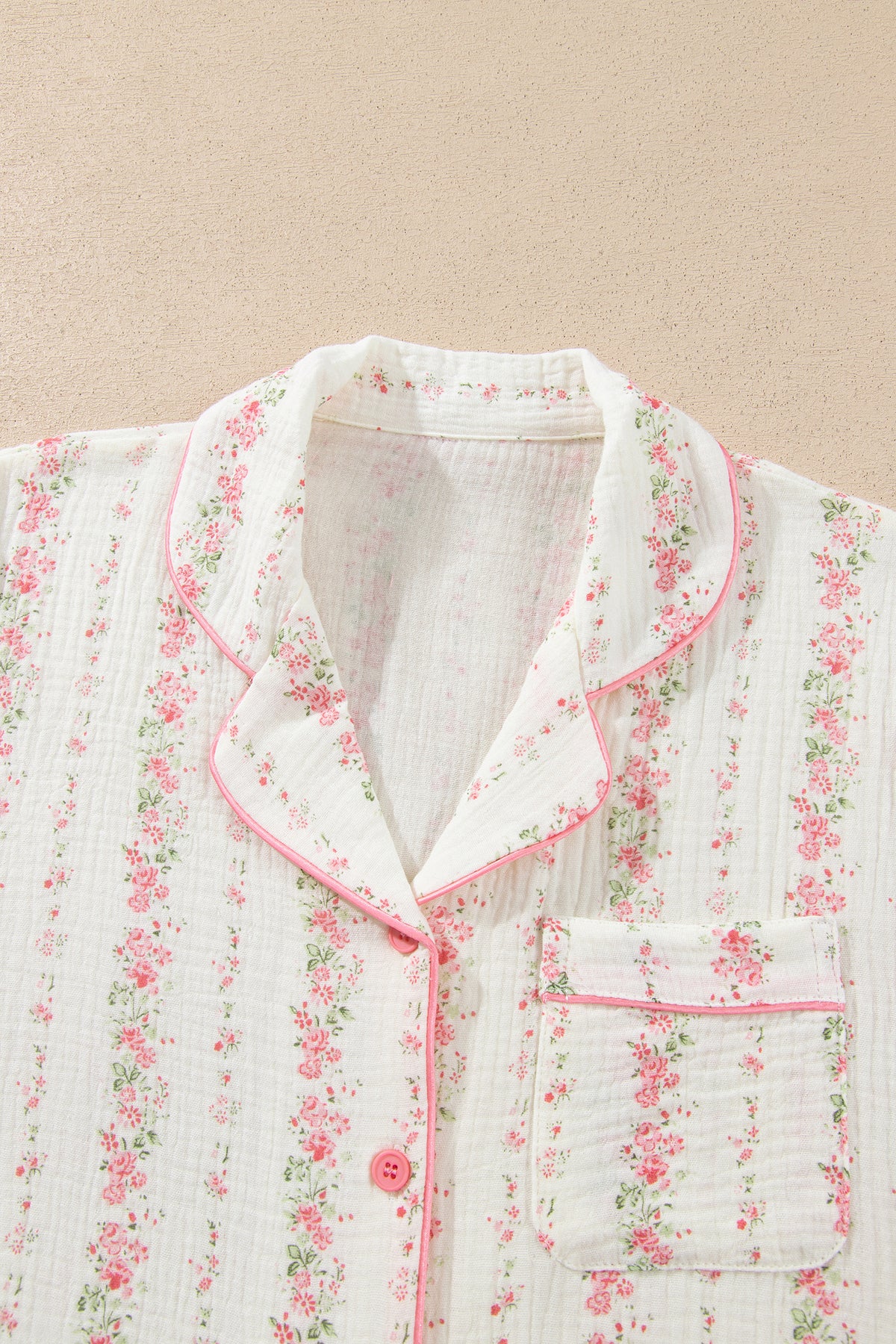 Pink Floral Print Long Sleeve Button Front Pajama Pant Set