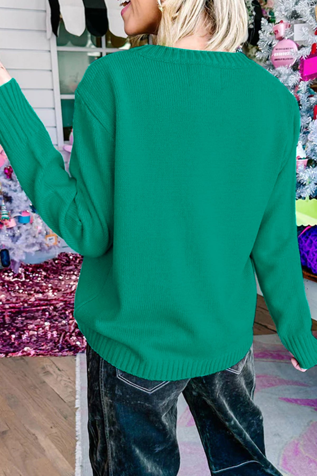 Merry Print Ribbed-Trim Sweater