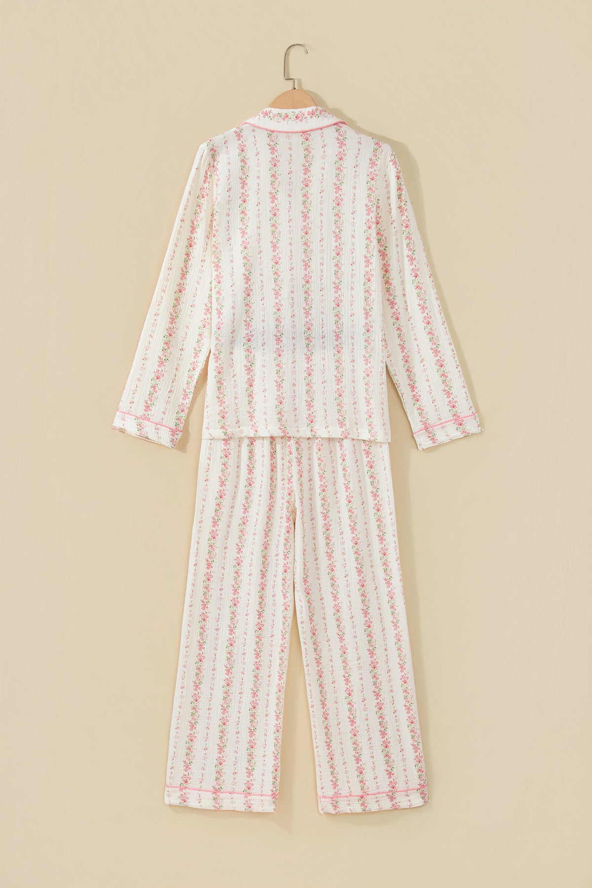 Pink Floral Print Long Sleeve Button Front Pajama Pant Set