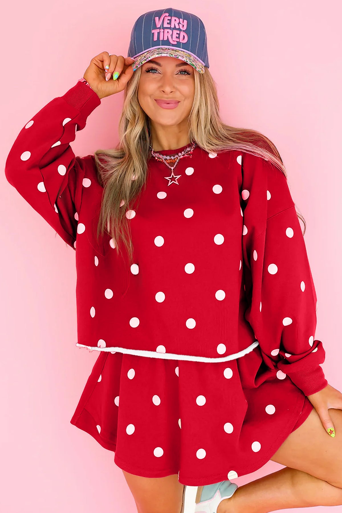 Red Polka Dot Raw Hem Relaxed Pullover Loose Skort Two Piece Set