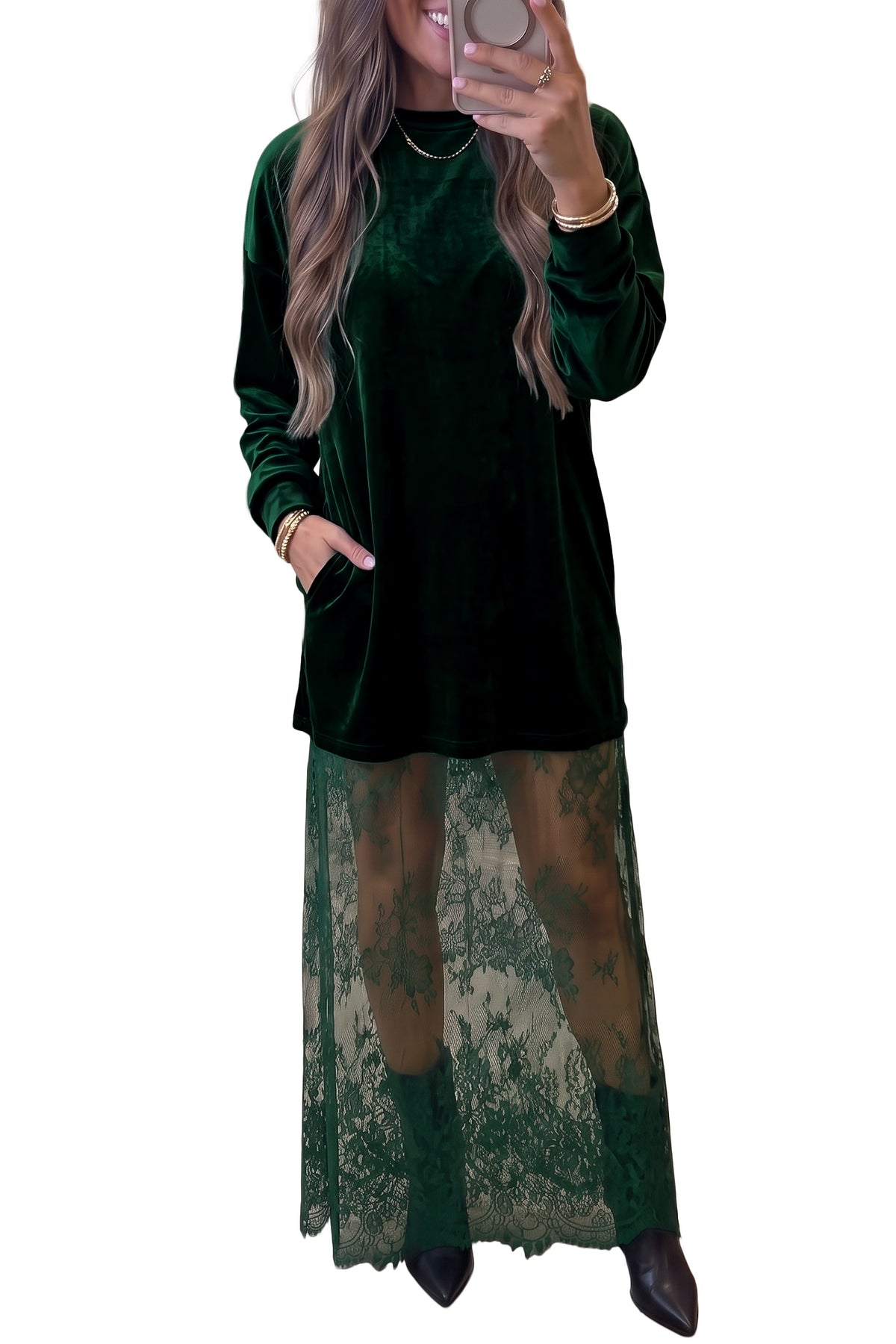 Velvet Maxi Dress with Lace Hem