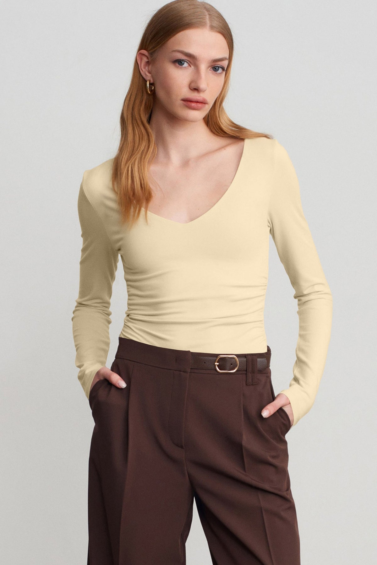 V-Neck Long-Sleeve Top with Built-In Bra