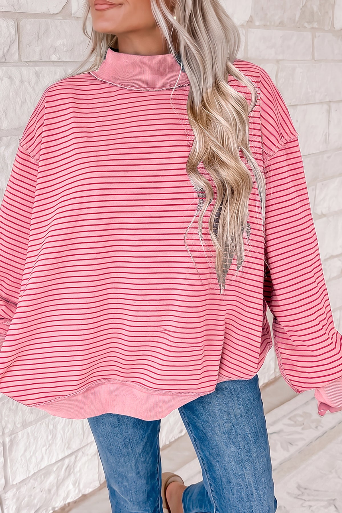 Striped Colorblock Mock-Neck Sweatshirt