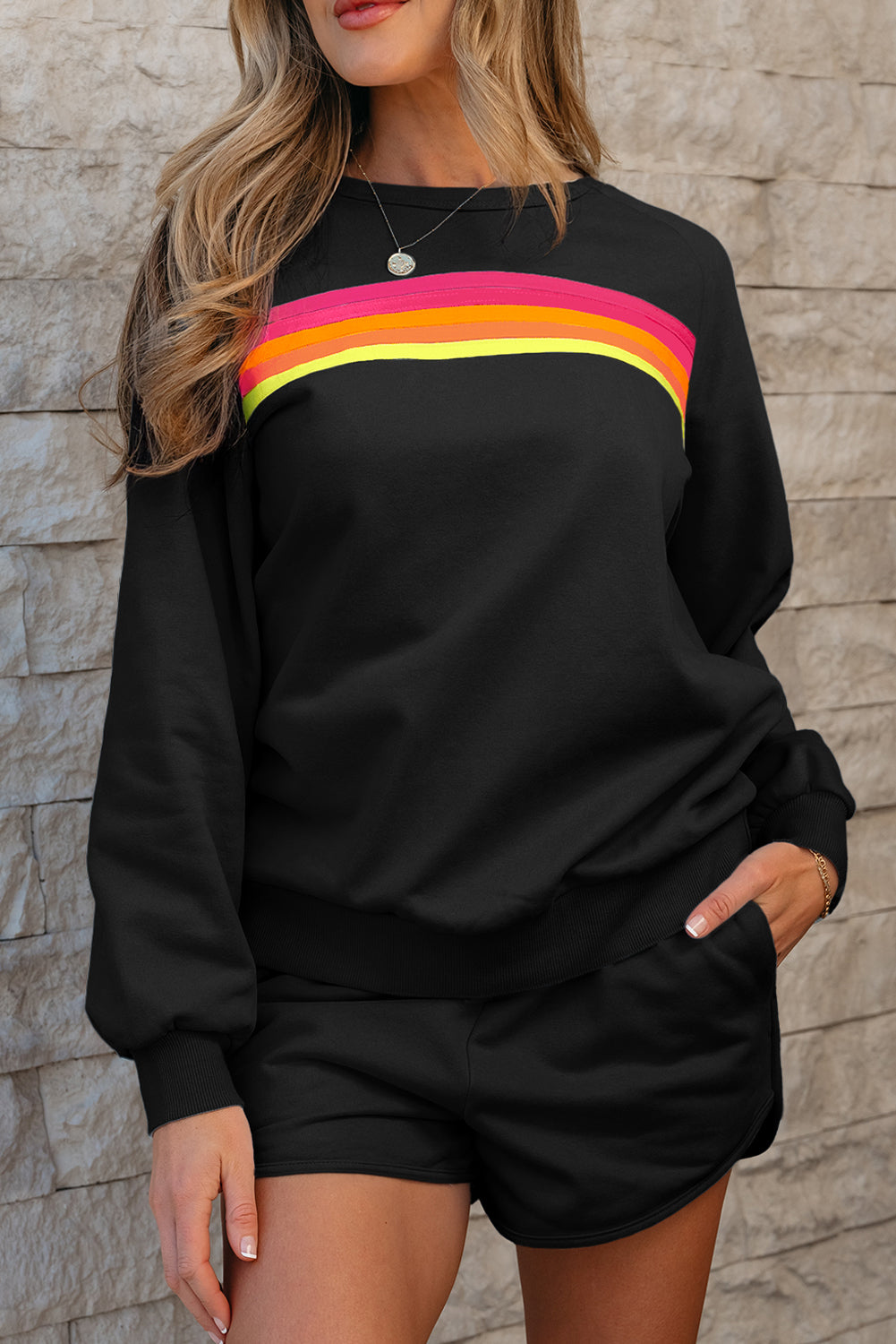 Bonbon Striped Accent Pullover and Shorts Two Piece Casual Set