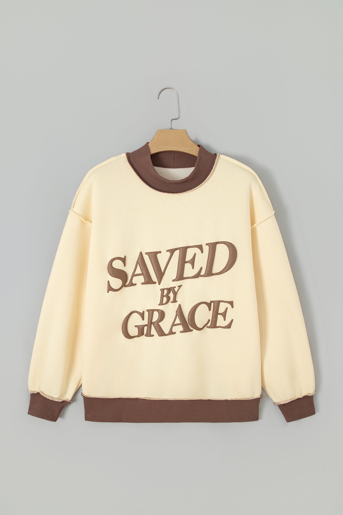 Coffee Saved By Grace Print Color Block Mock Neck Oversized Sweatshirt