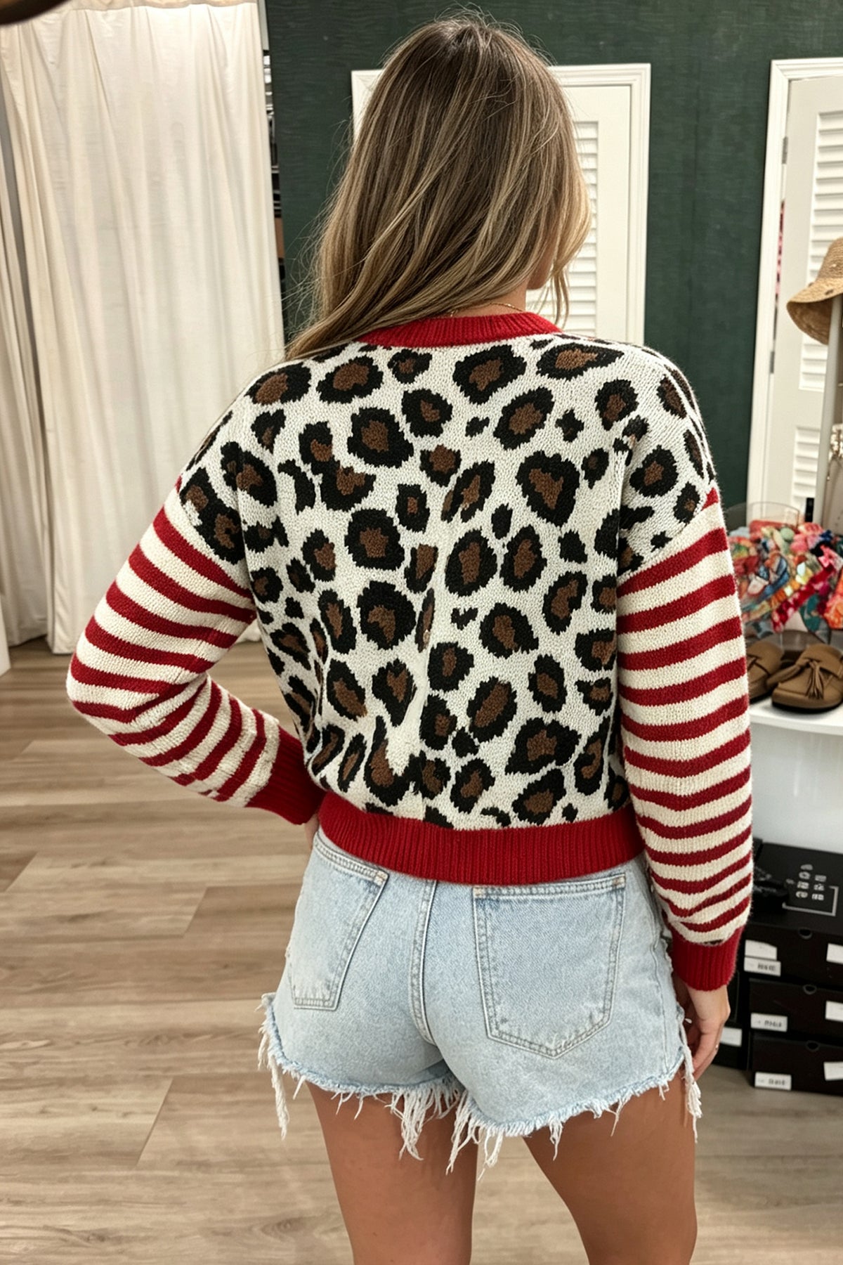White Leopard & Striped Sleeve Button Cardigan