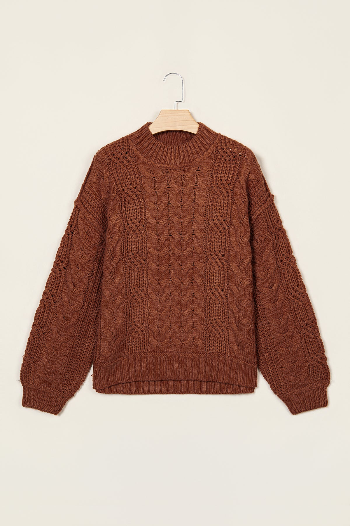 Solid Color Cable Knit High Neck Loose Pullover Sweater