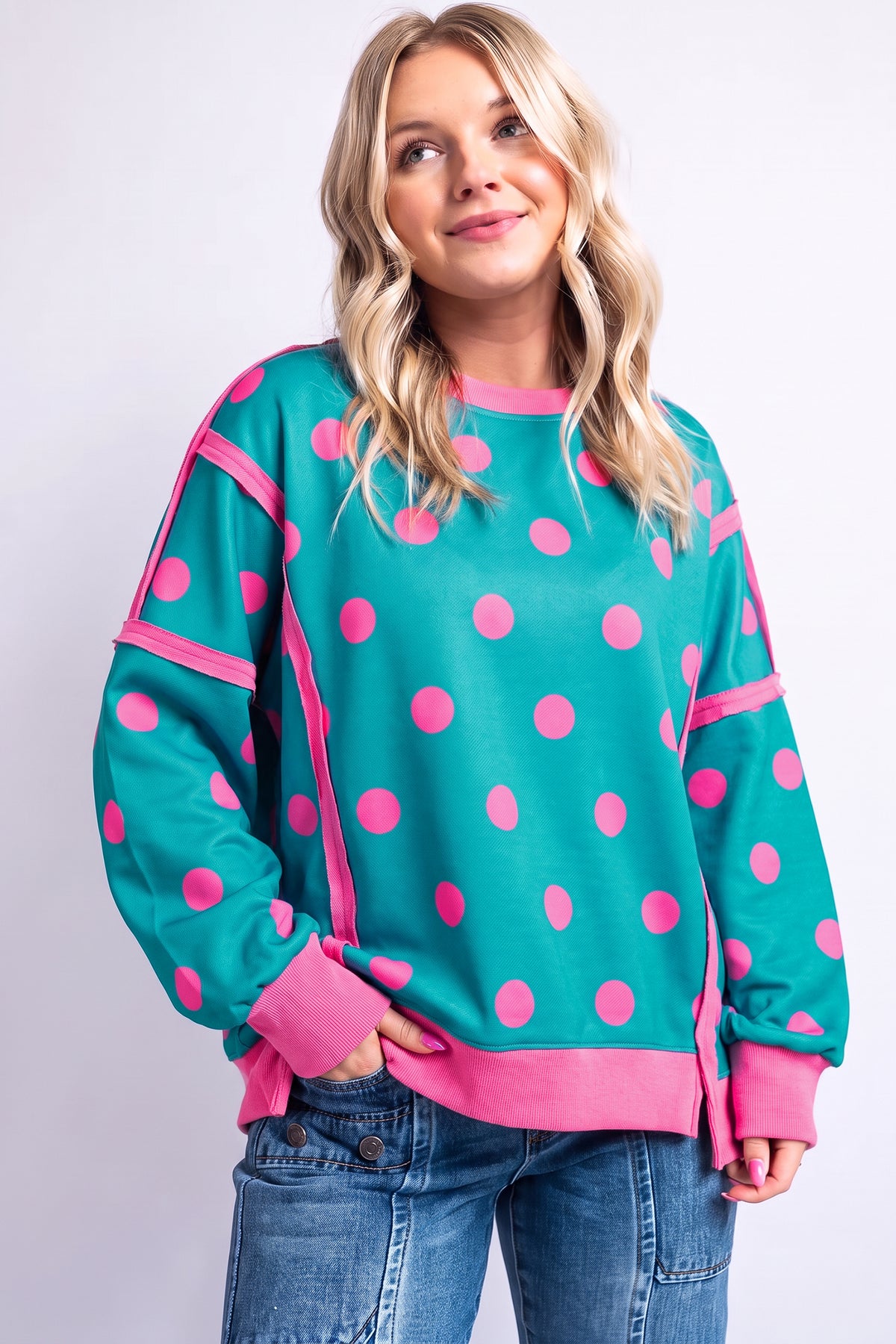 Blue Polka Dot Contrast Patchwork Round Neck Baggy Sweatshirt