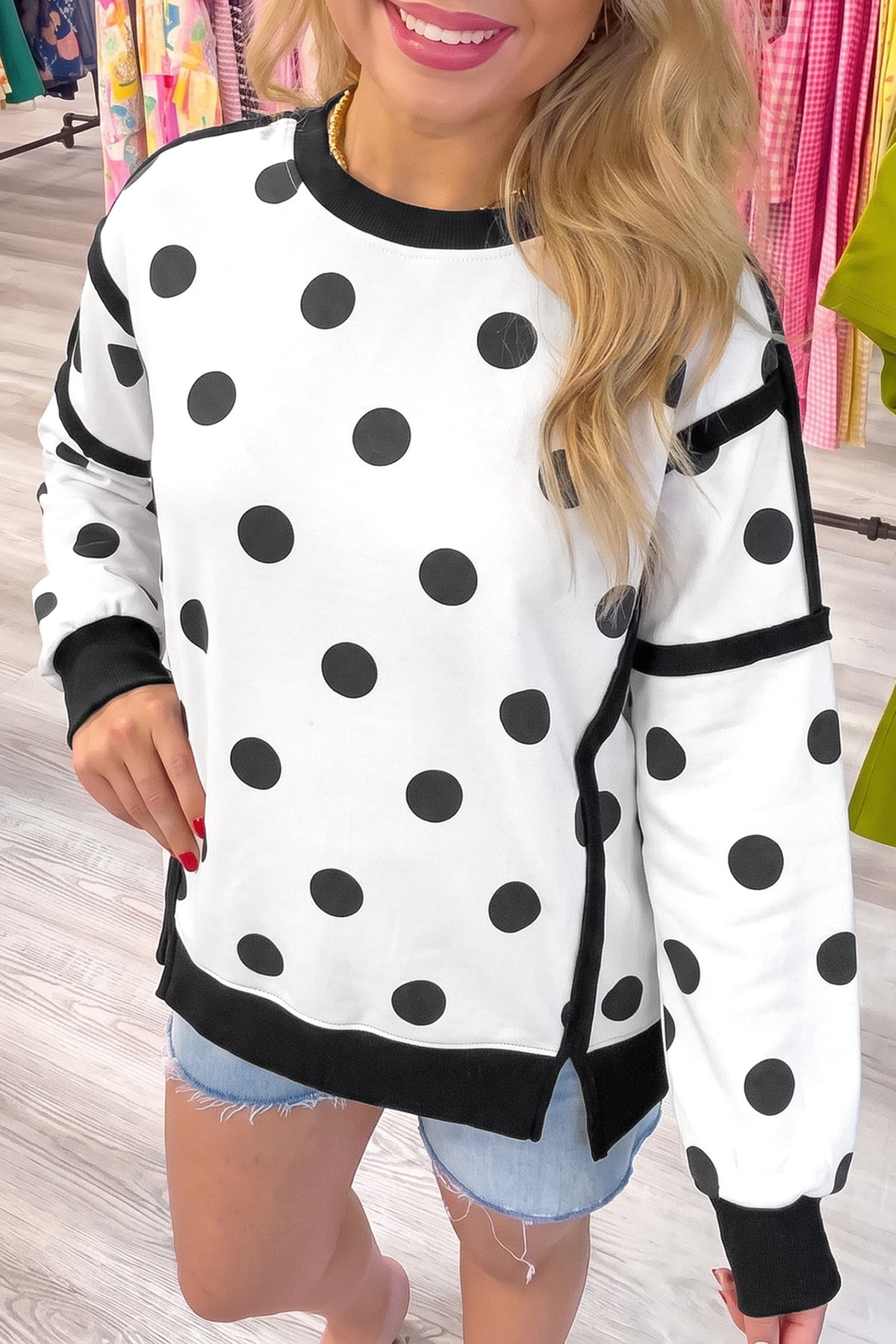 Blue Polka Dot Contrast Patchwork Round Neck Baggy Sweatshirt