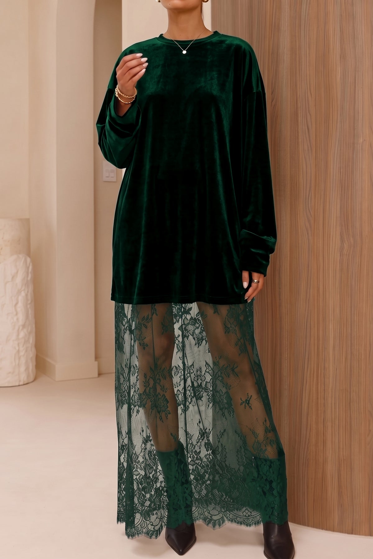 Velvet Maxi Dress with Lace Hem