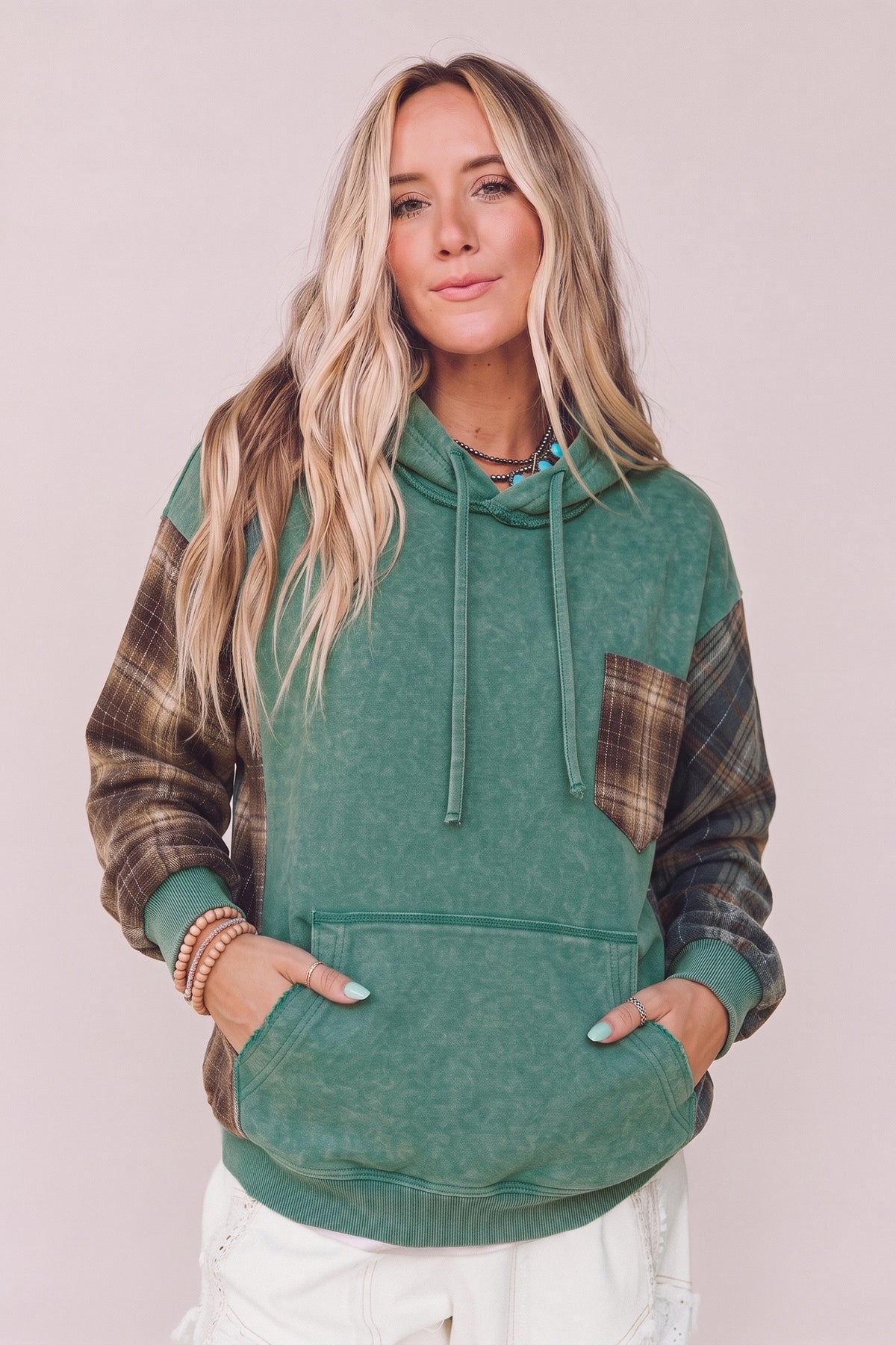 Smoke Green Plaid Colorblock Hoodie