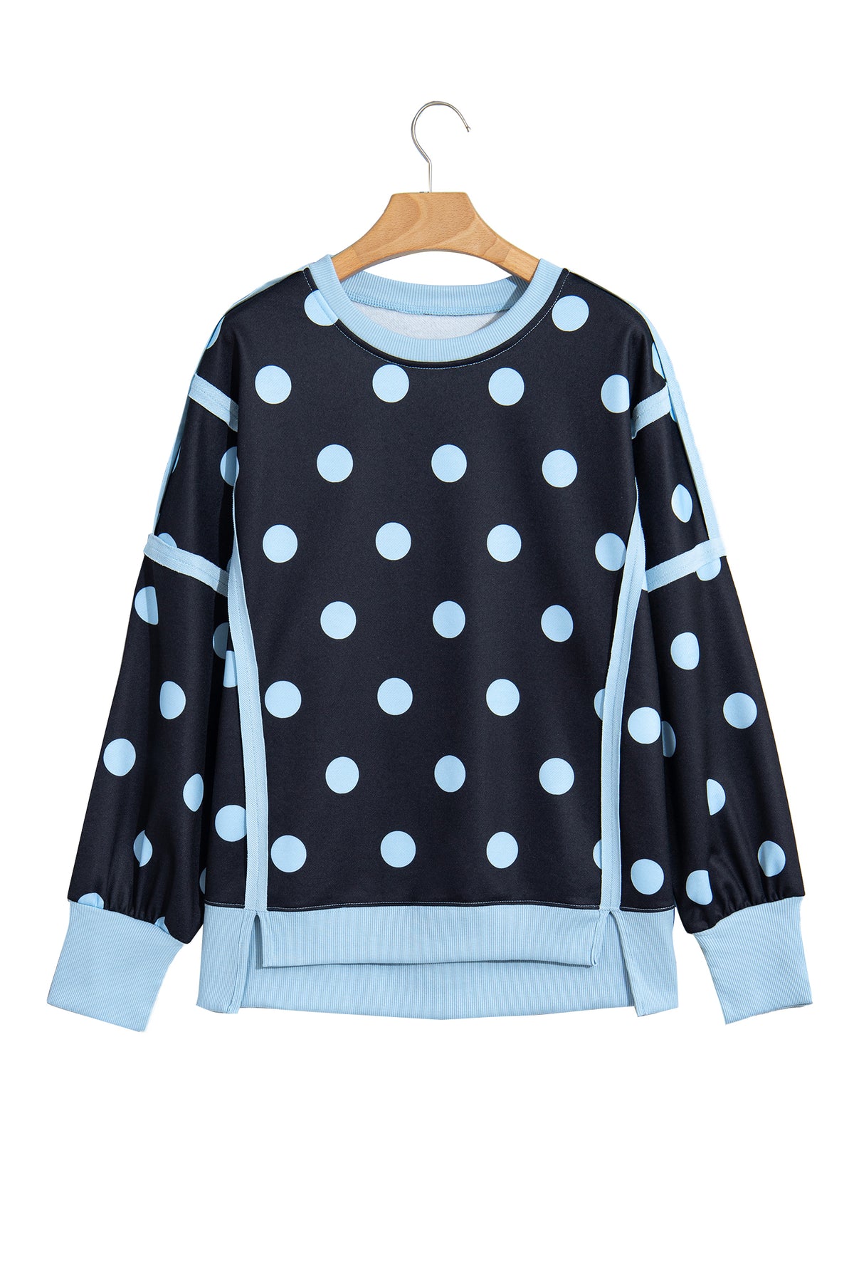 Blue Polka Dot Contrast Patchwork Round Neck Baggy Sweatshirt