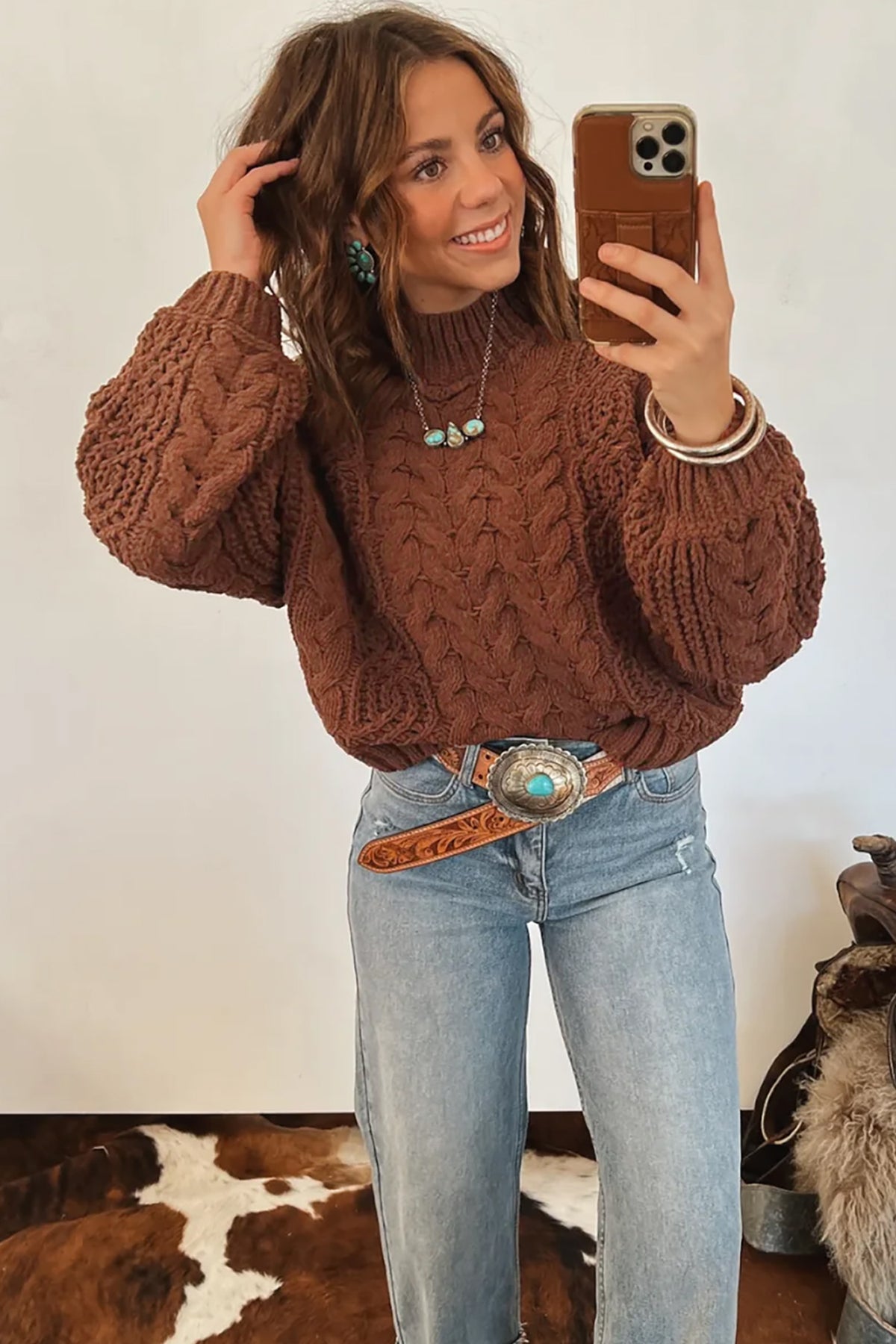 Solid Color Cable Knit High Neck Loose Pullover Sweater