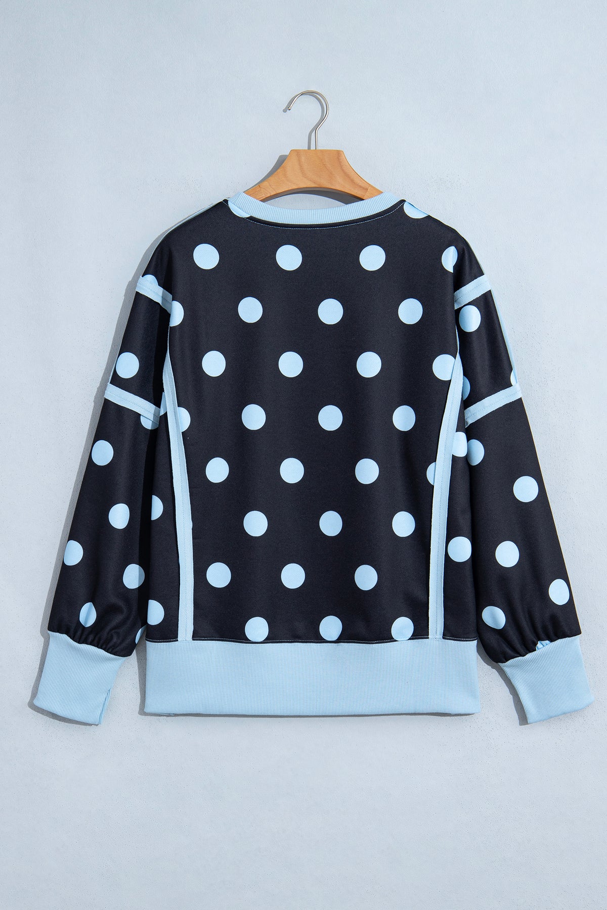 Blue Polka Dot Contrast Patchwork Round Neck Baggy Sweatshirt