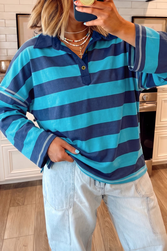 Blue Striped Colorblock Polo-Collar Top
