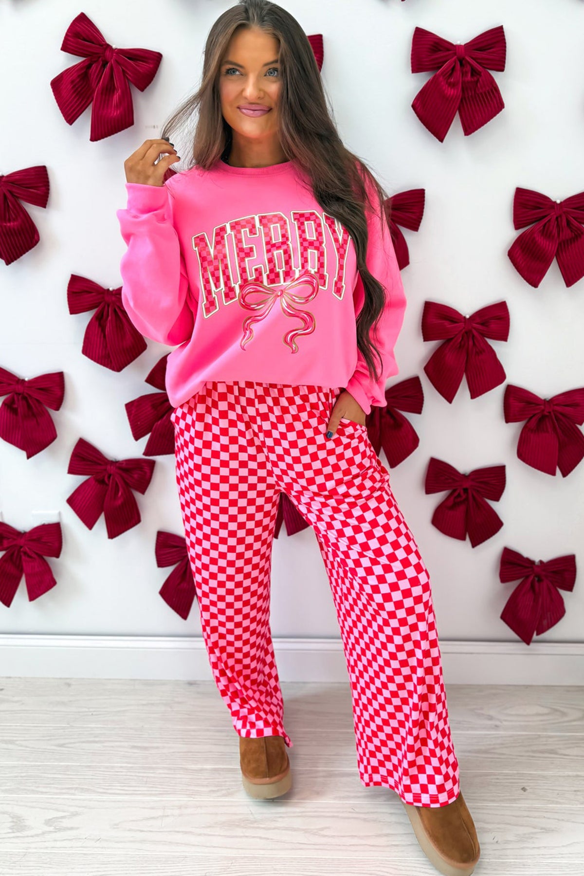 Christmas Slogan Graphic Plaid Two-piece Pant Set