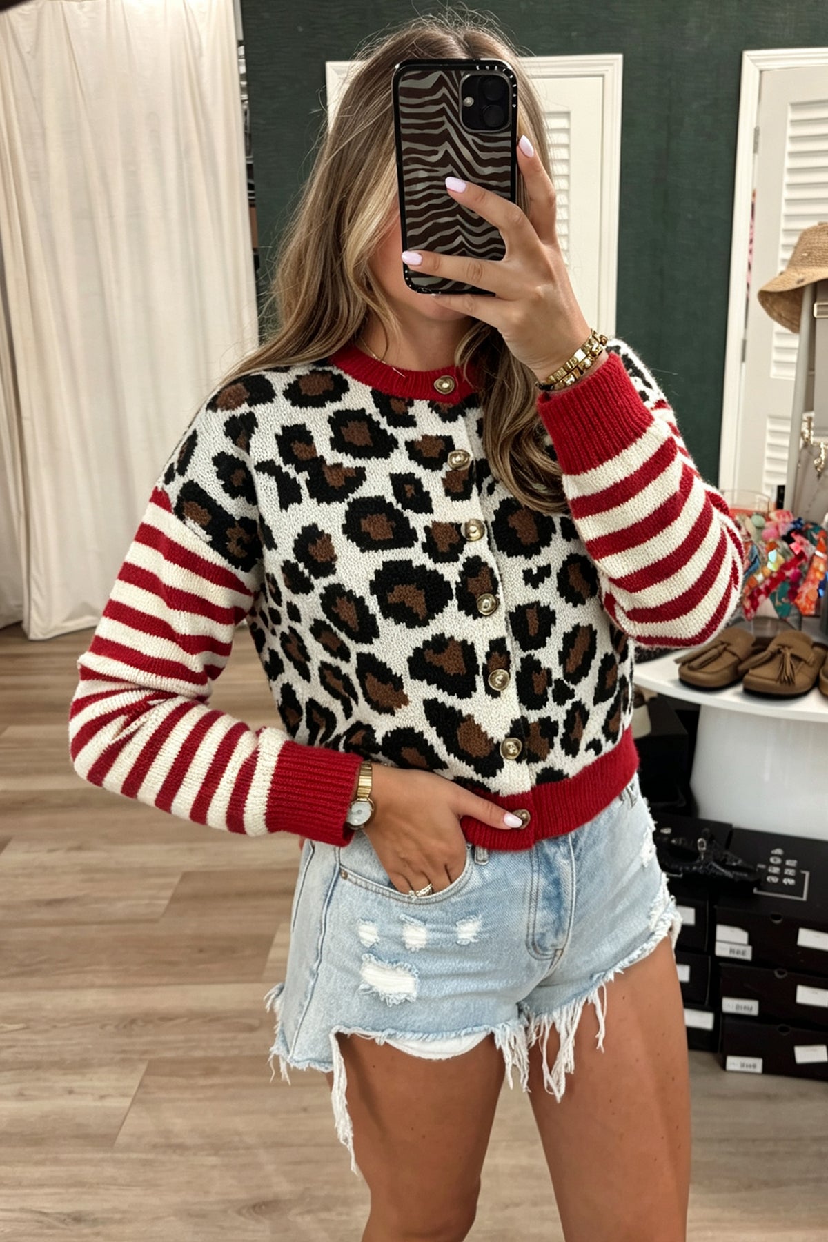 White Leopard & Striped Sleeve Button Cardigan