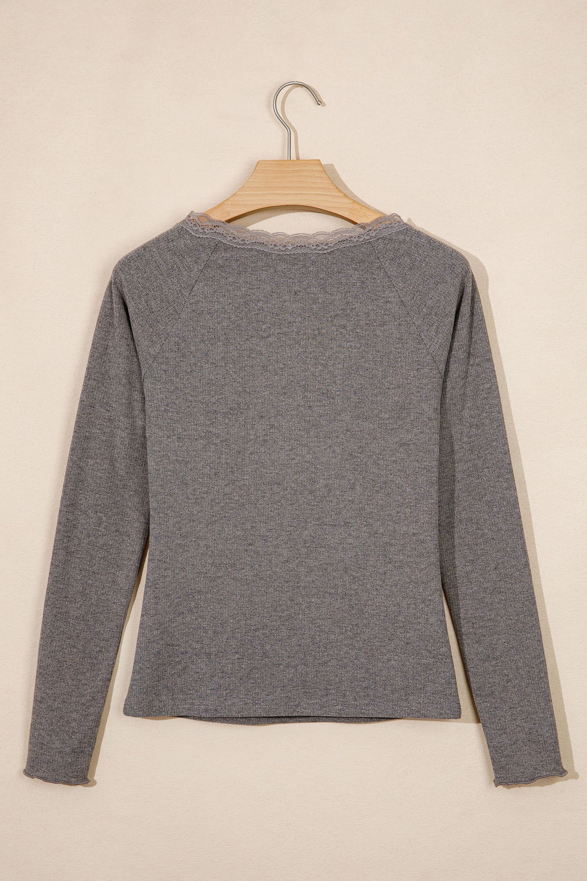 Medium Grey Solid Color Ribbed Lace Trim V-Neck Button Detail Long Sleeve Top