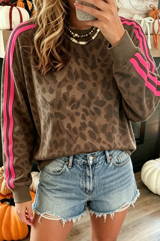 Brown Leopard Print Sweatshirt with Striped Sleeves