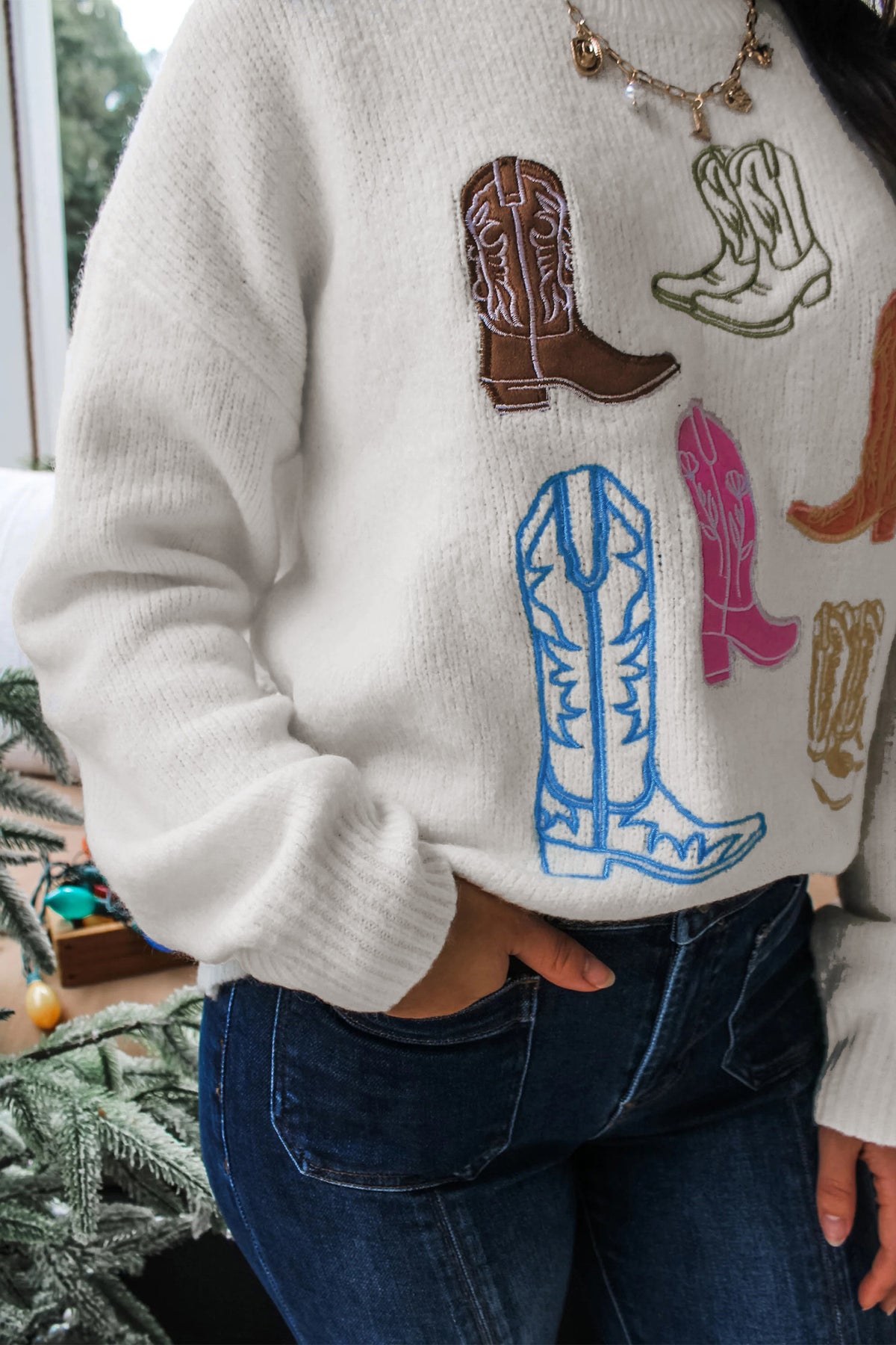 White Embroidered Cowboy Boots Sweater