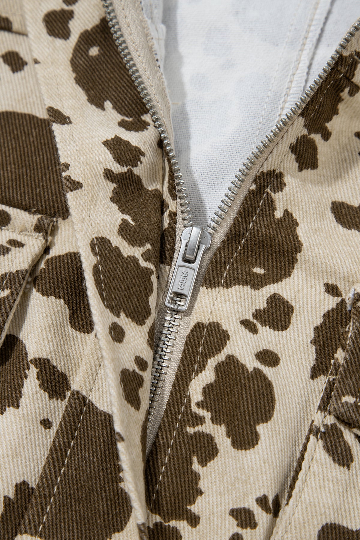 Brown Cow-Print Denim Jacket with Cargo Pockets