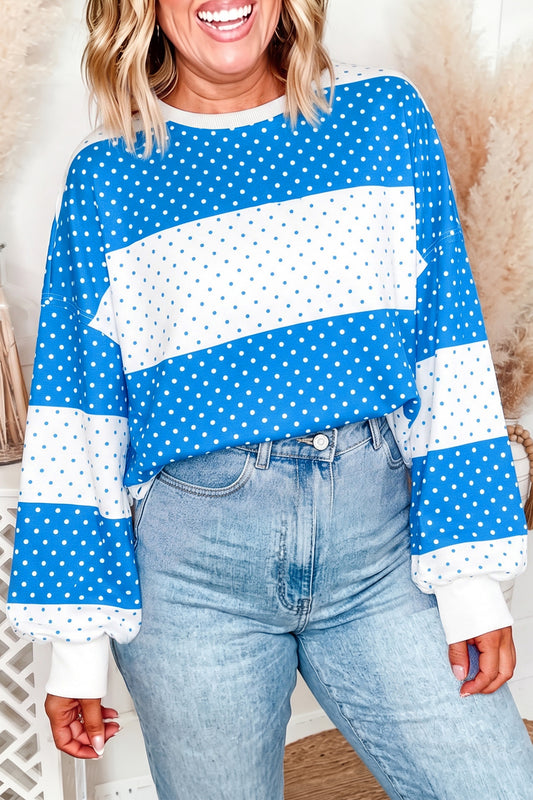 Blue Polka Dot Color Block Plus Size Long Sleeve Top