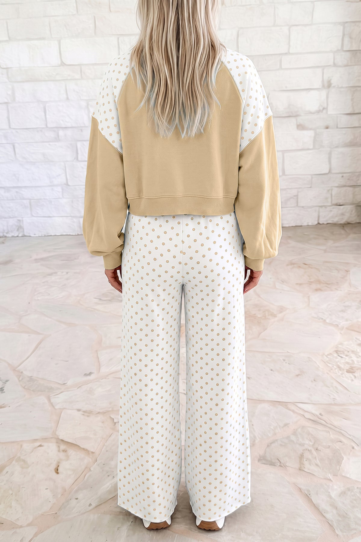 Green Polka Dot Patchwork Colorblock Long Sleeve Casual Two Piece Pants Set