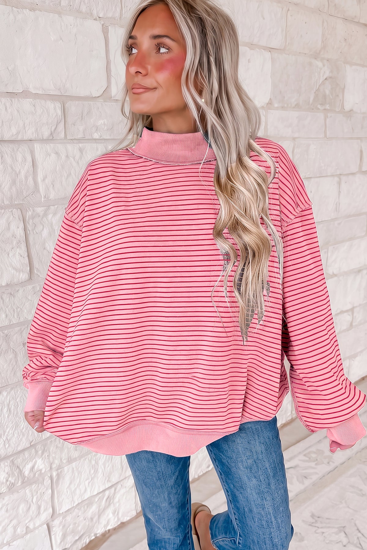 Striped Colorblock Mock-Neck Sweatshirt