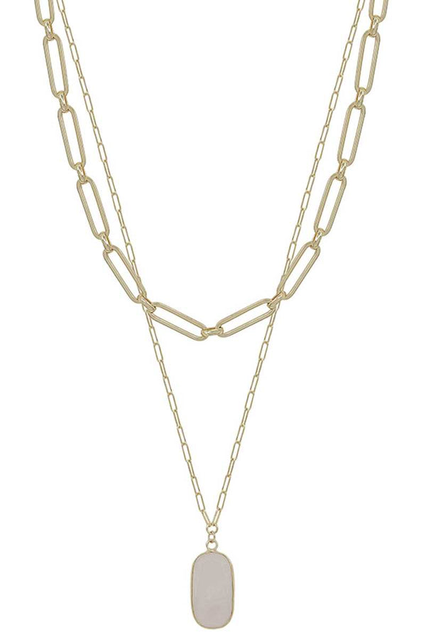 2 Layered Metal Chain Stone Pendant Necklace