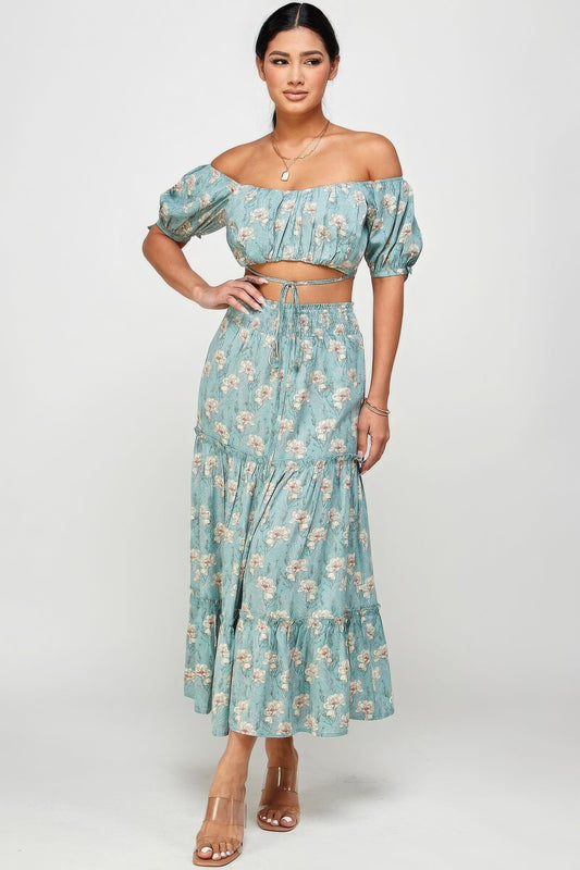 Floral Off Shoulder Sleeve Back Tie Top Skirt Set in mint with floral print, chic and comfortable ensemble.