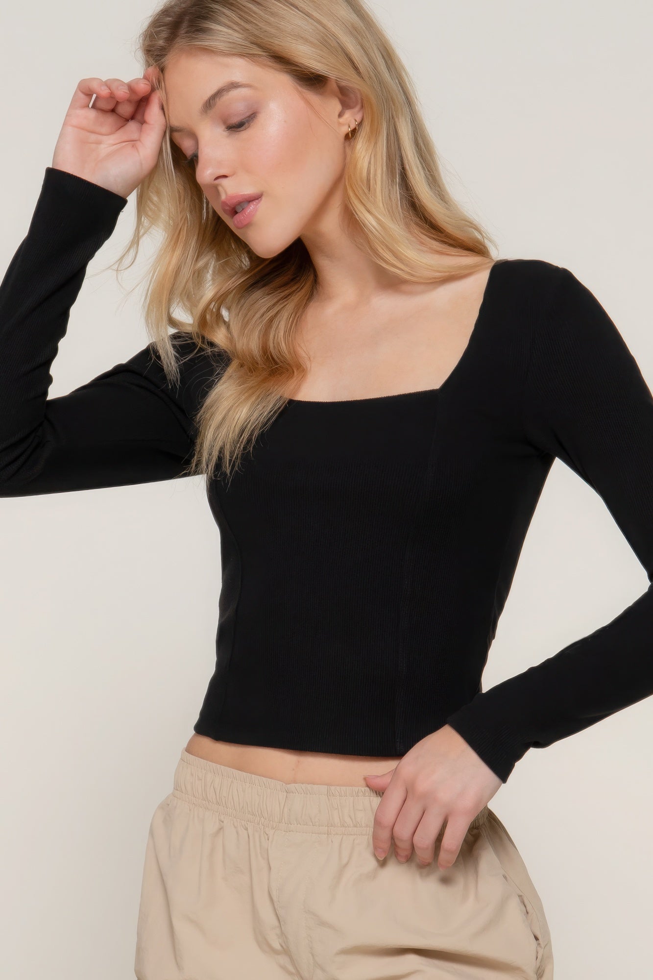 Long slv sweetheart neck seam detail knit top - Little Hearts Desire 