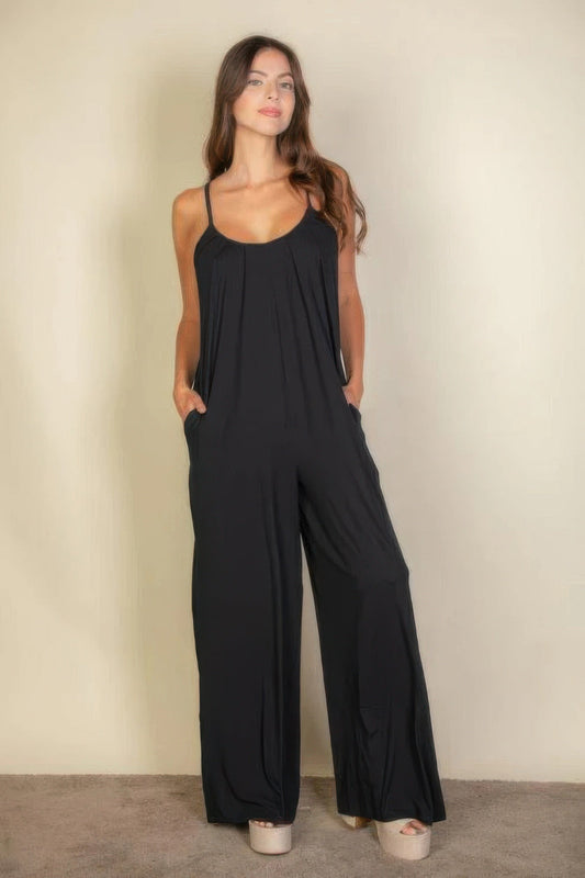 Spaghetti Strap Solid Wide Jumpsuit in taupe with relaxed fit and wide-leg design.