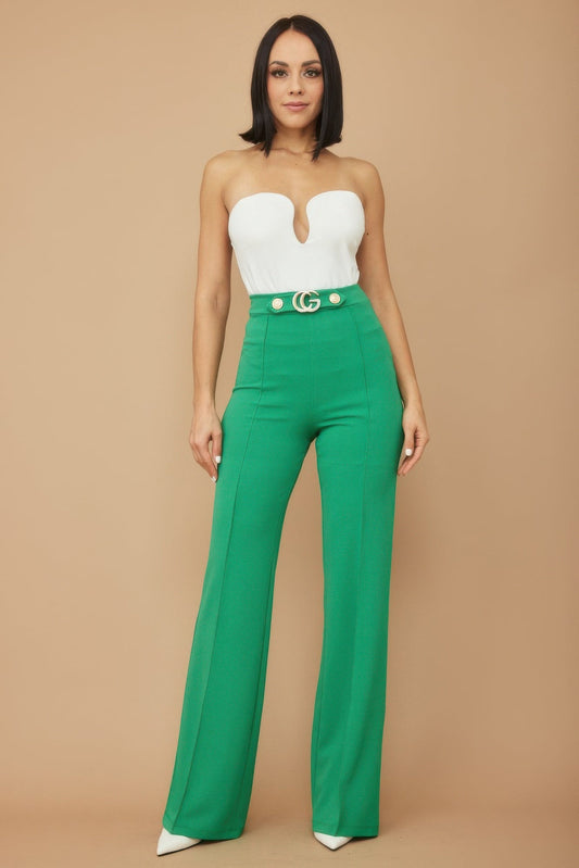 Chic button detail pants with CG buckle, tailored fit in green, ideal for versatile styling.